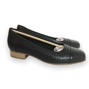 6W 6 WIDE Clarks Black Leather Juliet Cedar Slip On Low Heels‎ Loafers Shoes